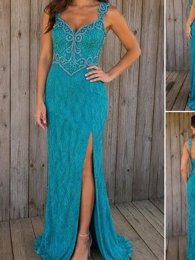 Vintage Mike Benet Formals Teal Silk Beaded Sequin Gown Size 8 NWT
